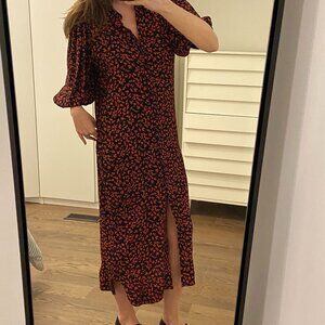 GANNI EUC Crepe Shirt Dress in Black/Red Leaf Print